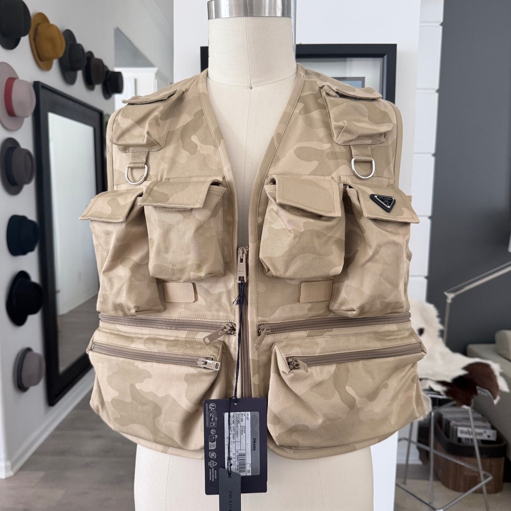 Prada 2GC499 Desert Camo Utility Vest Technical Gabardine Multi-Pocket XS NWT
